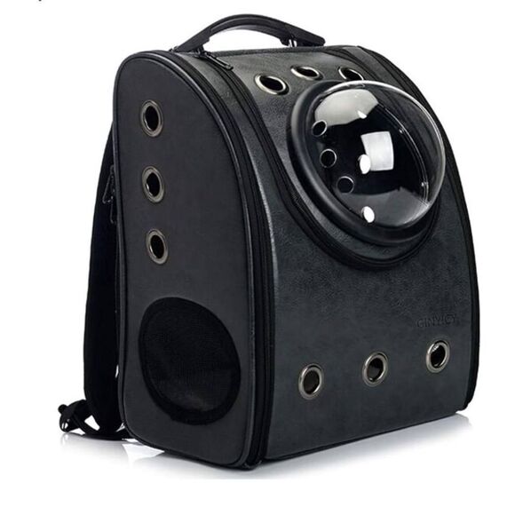 Dark Grey Vegan Leather Pet Carrier Backpack with Bubble Window - Picture 1 of 11